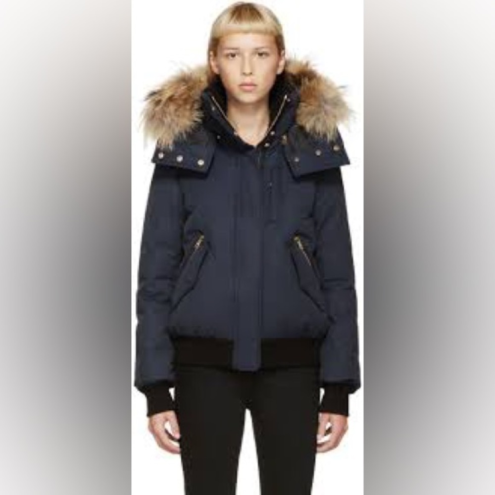 💙 MACKAGE Lux Abelle Down Navy Bomber Winter jacket Large with genuine fur